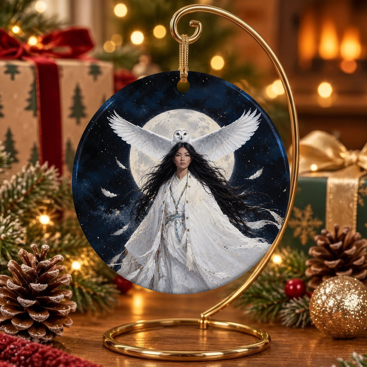 Moonlit Owl Woman Ceramic Ornament