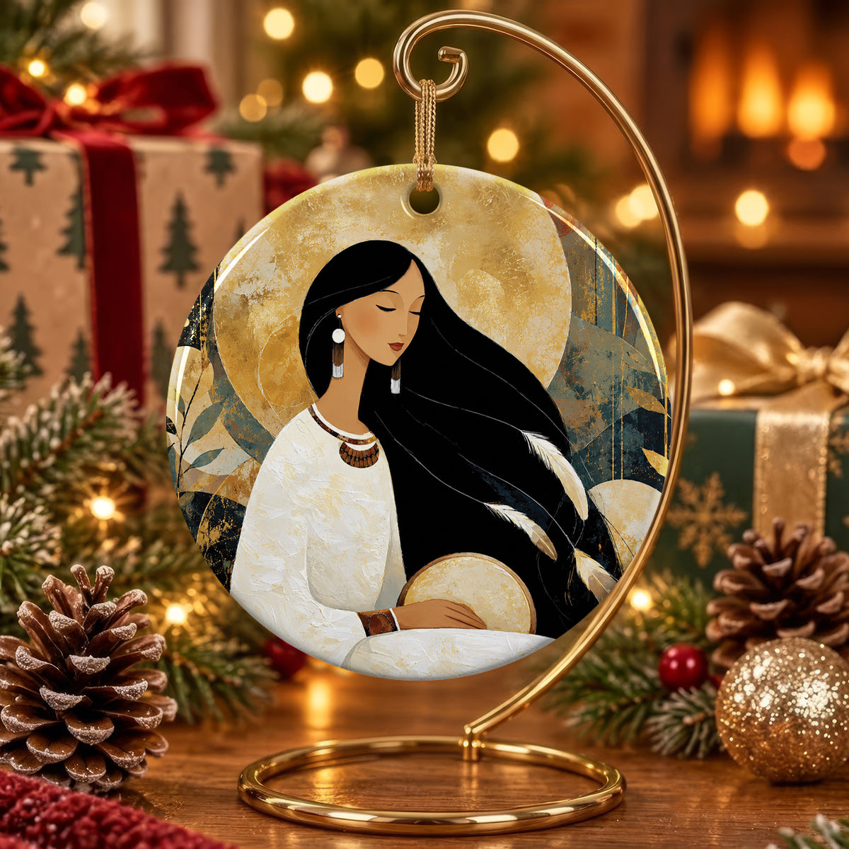 Golden Moon Maiden Ceramic Ornament