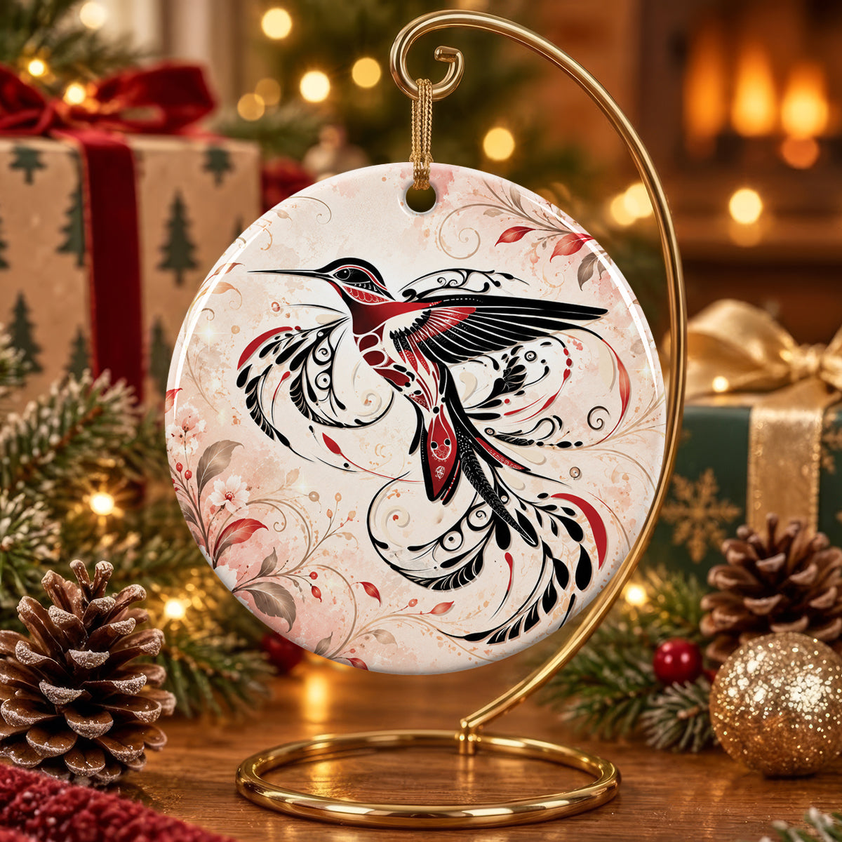 Crimson Hummingbird Flight Ceramic Ornament