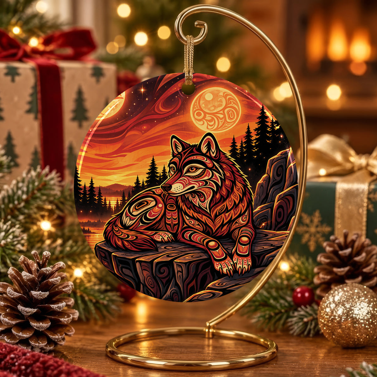 Moonlit Wolf Guardian Ceramic Ornament