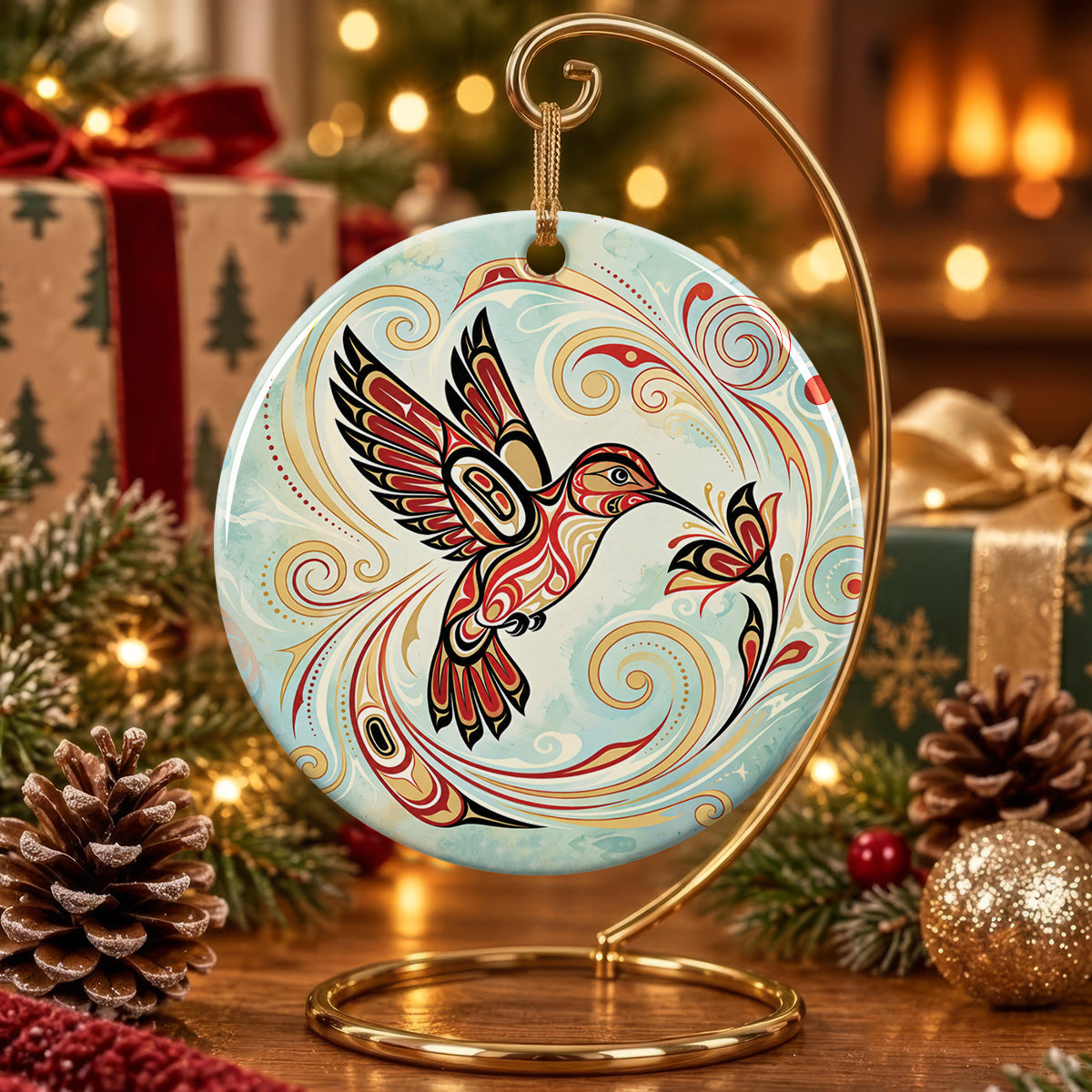 Golden Breeze Hummingbird Ceramic Ornament