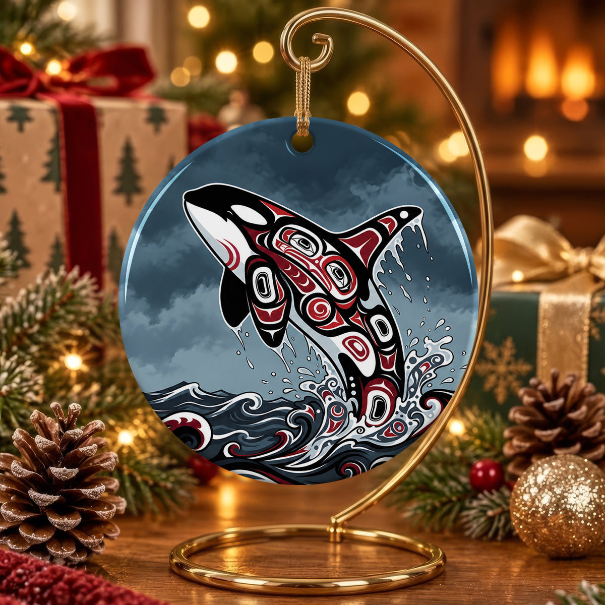 Crimson Orca Rising Ceramic Ornament