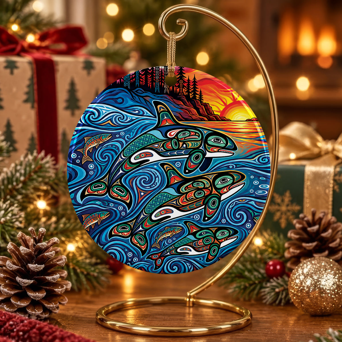 Moonlit Orca Journey Ceramic Ornament