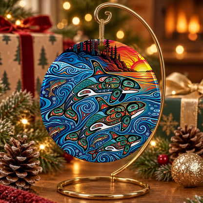 Moonlit Orca Journey Ceramic Ornament