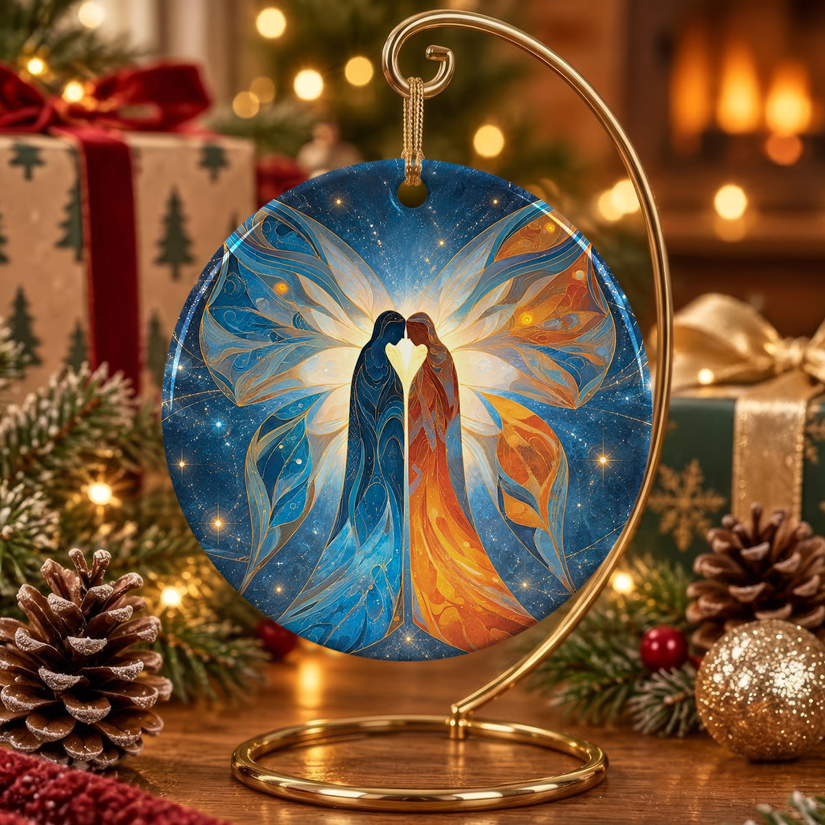 Twin Souls Embrace Ceramic Ornament