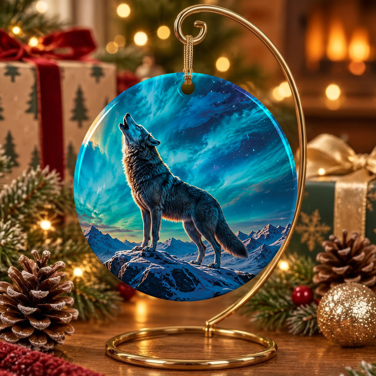 Celestial Wolf Howl Ceramic Ornament