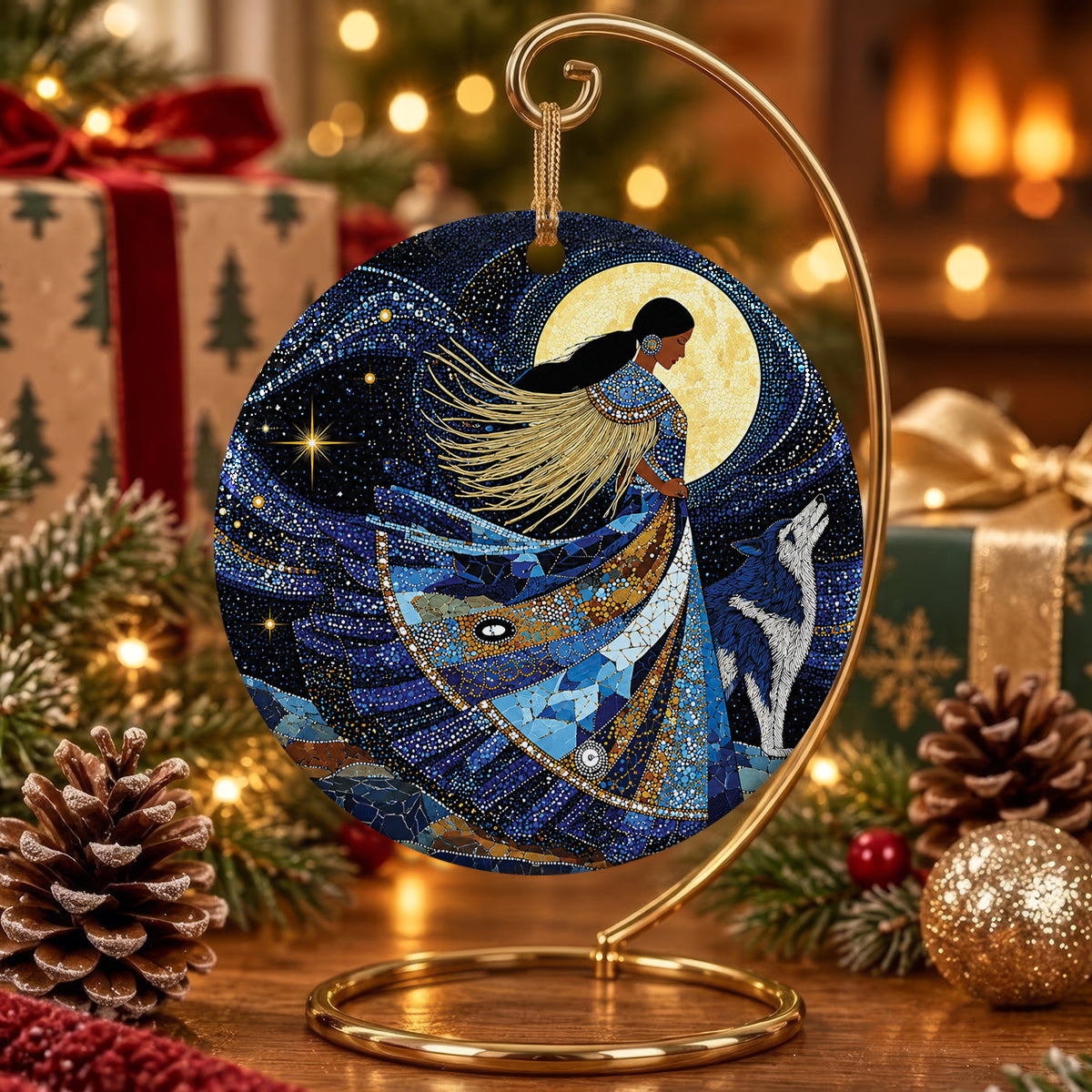Moonlit Wolf Woman Ceramic Ornament