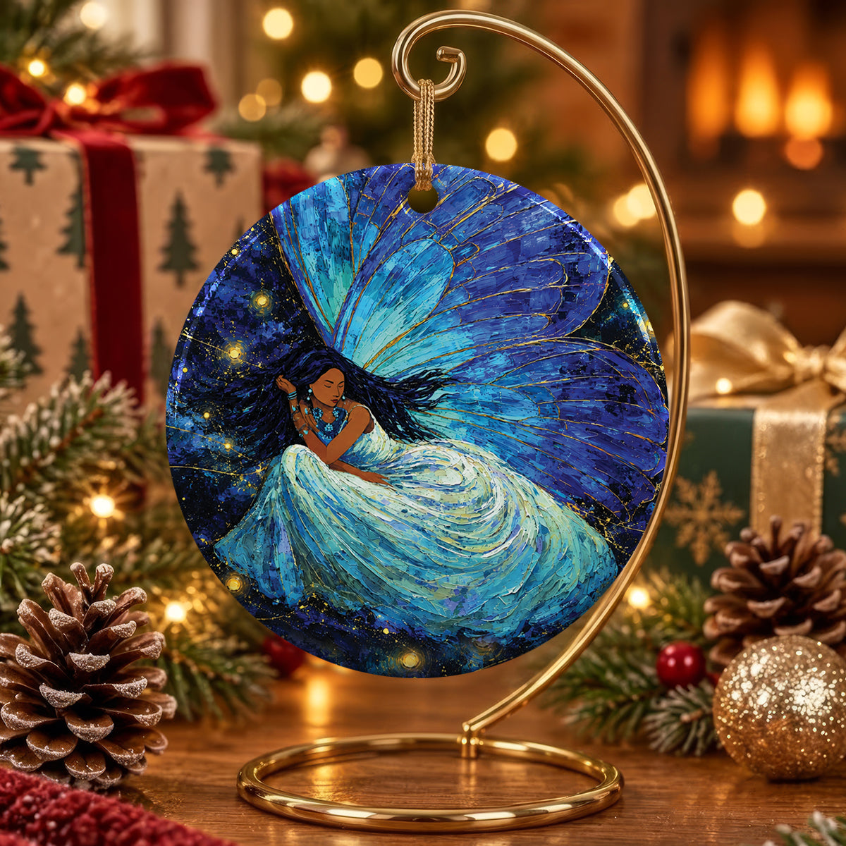 Azure Butterfly Woman Ceramic Ornament