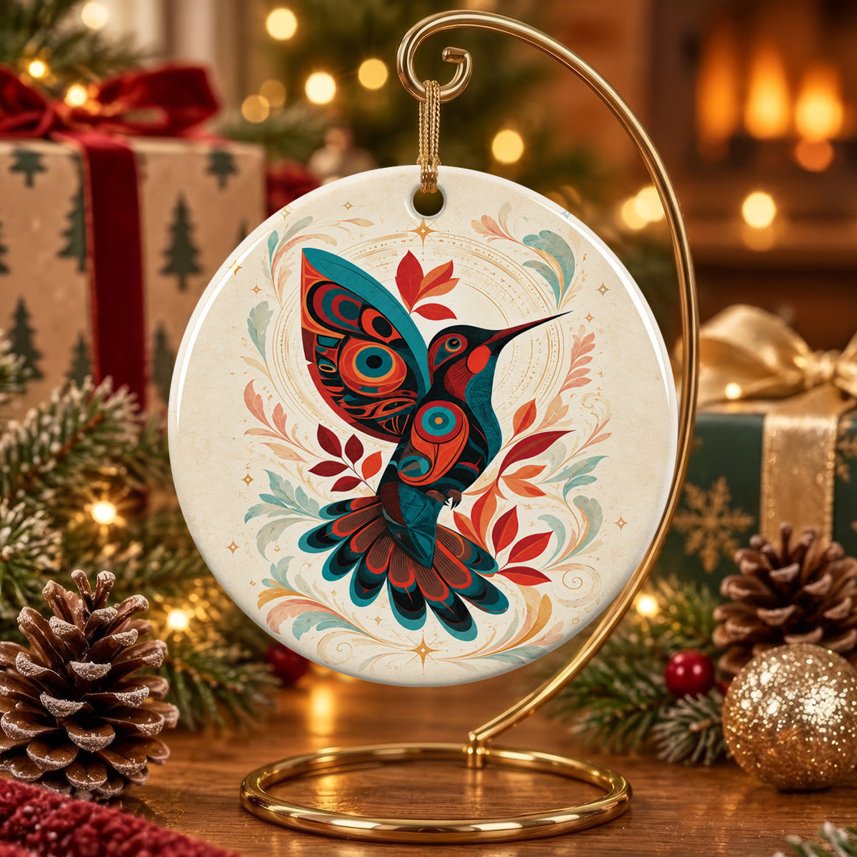 Hummingbird Ember Bloom Ceramic Ornament