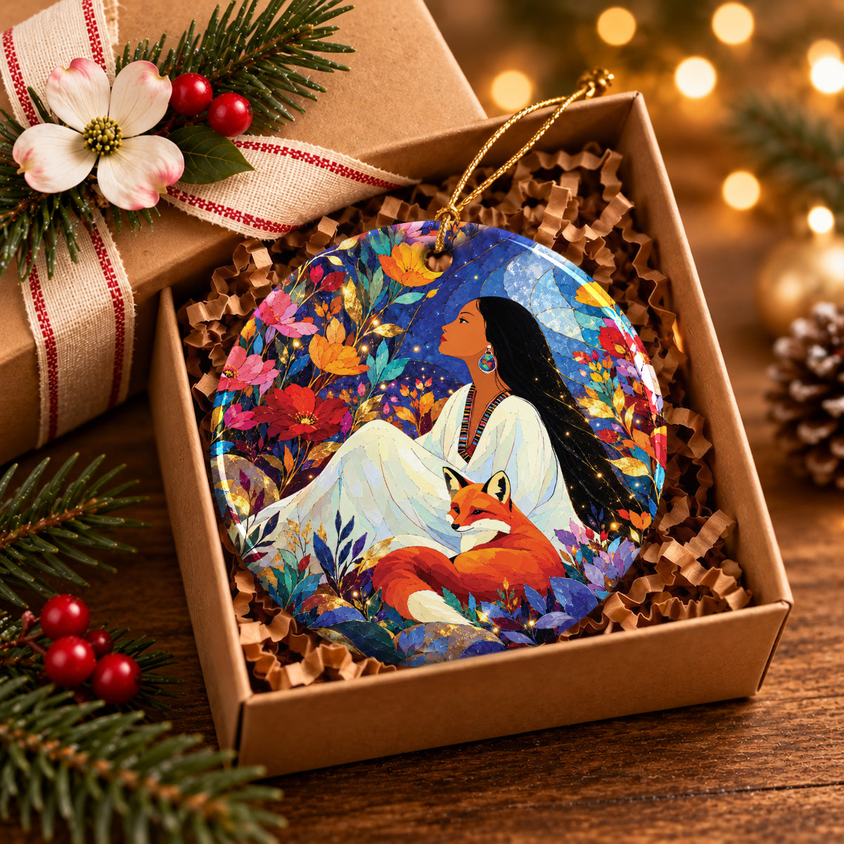Autumn Fox Woman Ceramic Ornament