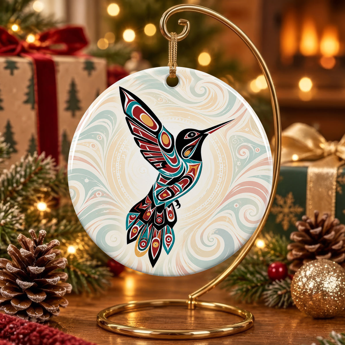 Crimson Hummingbird Grace Ceramic Ornament