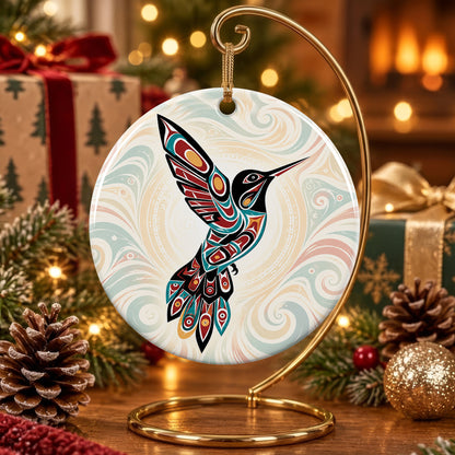 Crimson Hummingbird Grace Ceramic Ornament